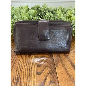 Vintage Fossil Clutch Trifold Checkbook Wallet Brown